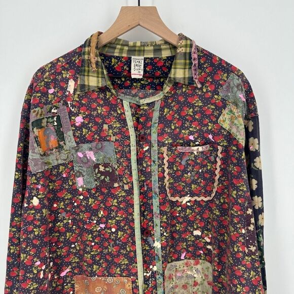 Magnolia Pearl top OS adison workshirt patchwork strawberry floral paint artsy - Picture 4 of 16